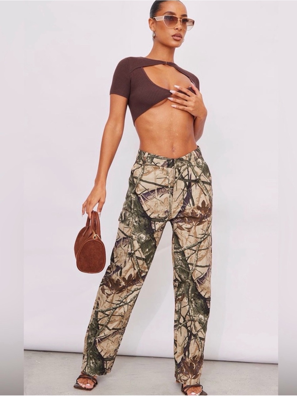 Pretty little thing Khaki Abstract Grunge Military Cargo Camo pants UK 12 US 8